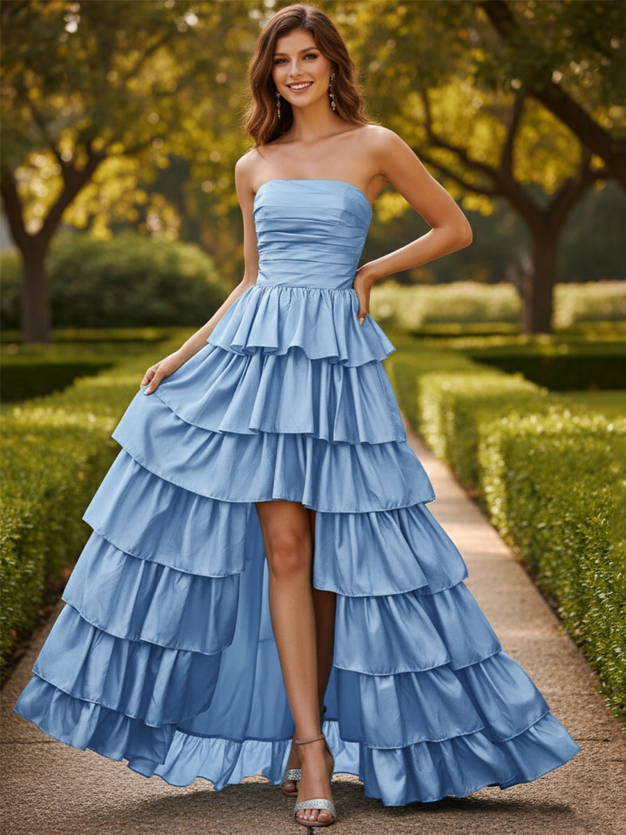 Strapless A-Line Satin Tiered Long Prom Dress with Slit - FashionDia