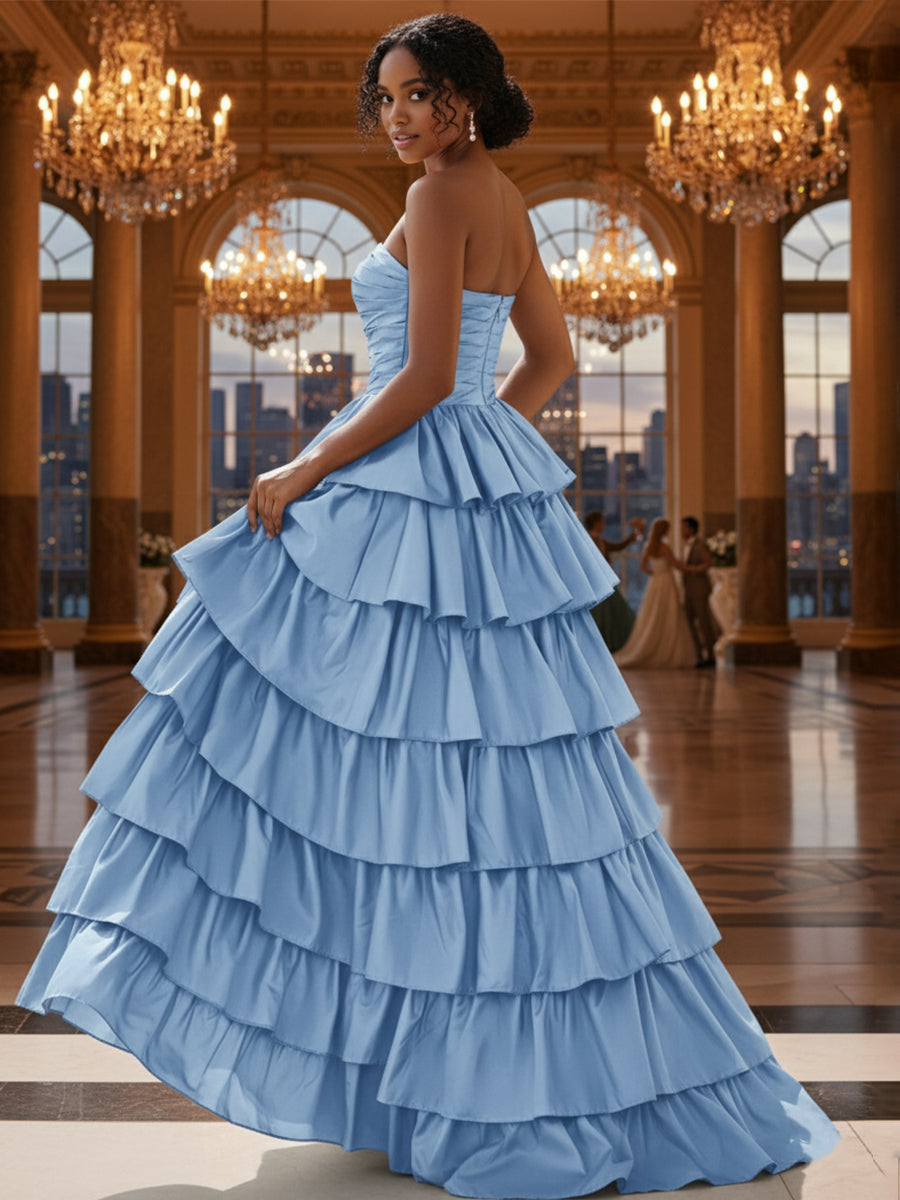 Strapless A-Line Satin Tiered Long Prom Dress with Slit - View 3 | FashionDia