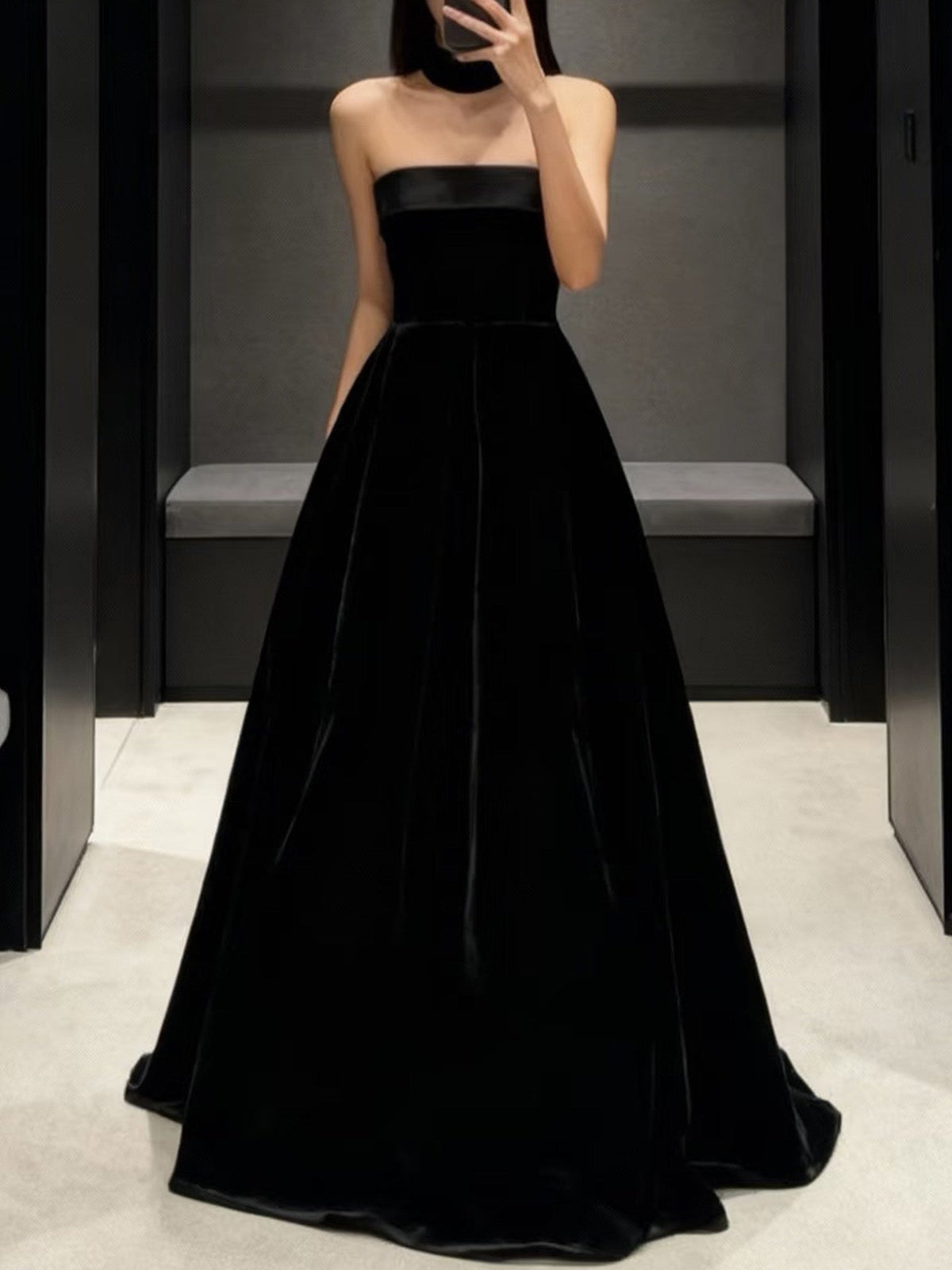 Strapless Black A-Line Velvet Prom Dress Formal Evening Dress