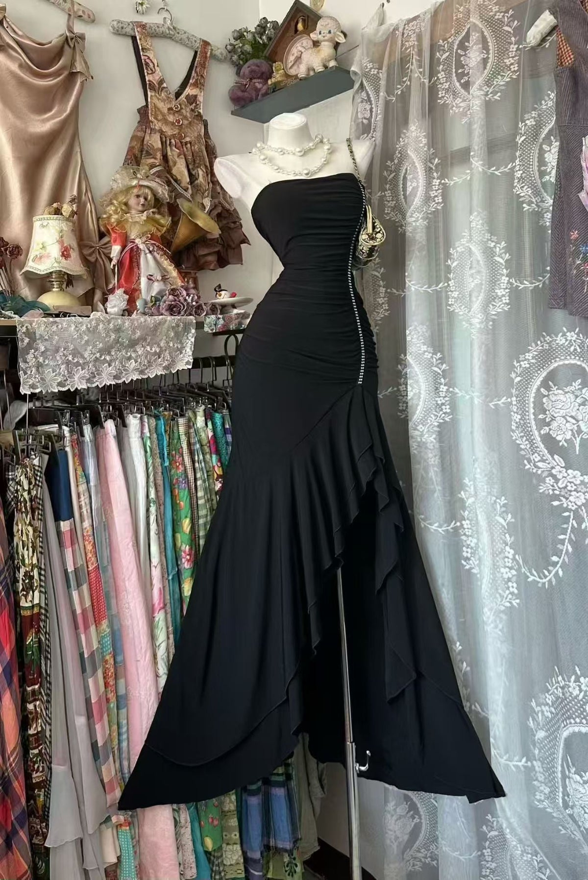 Strapless Black Mermaid Formal Prom Dress Ruffled Evening Dress J10081