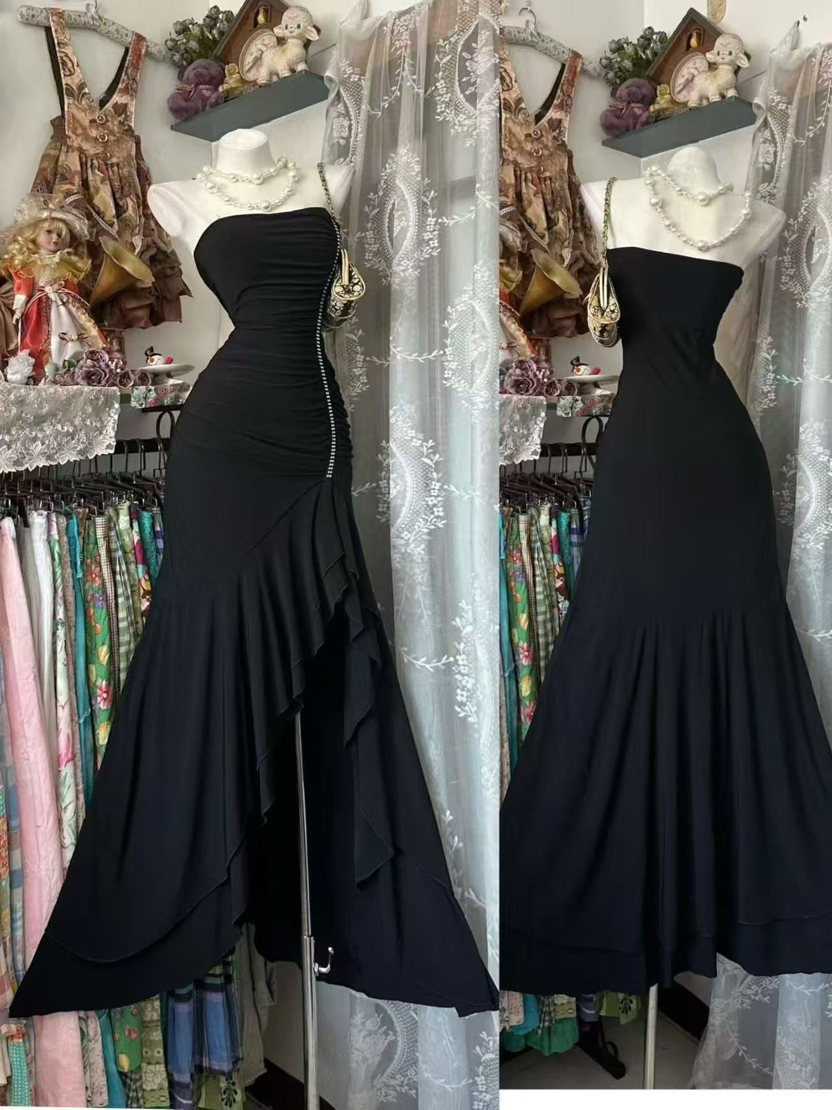Strapless Black Mermaid Formal Prom Dress Ruffled Evening Dress J10081