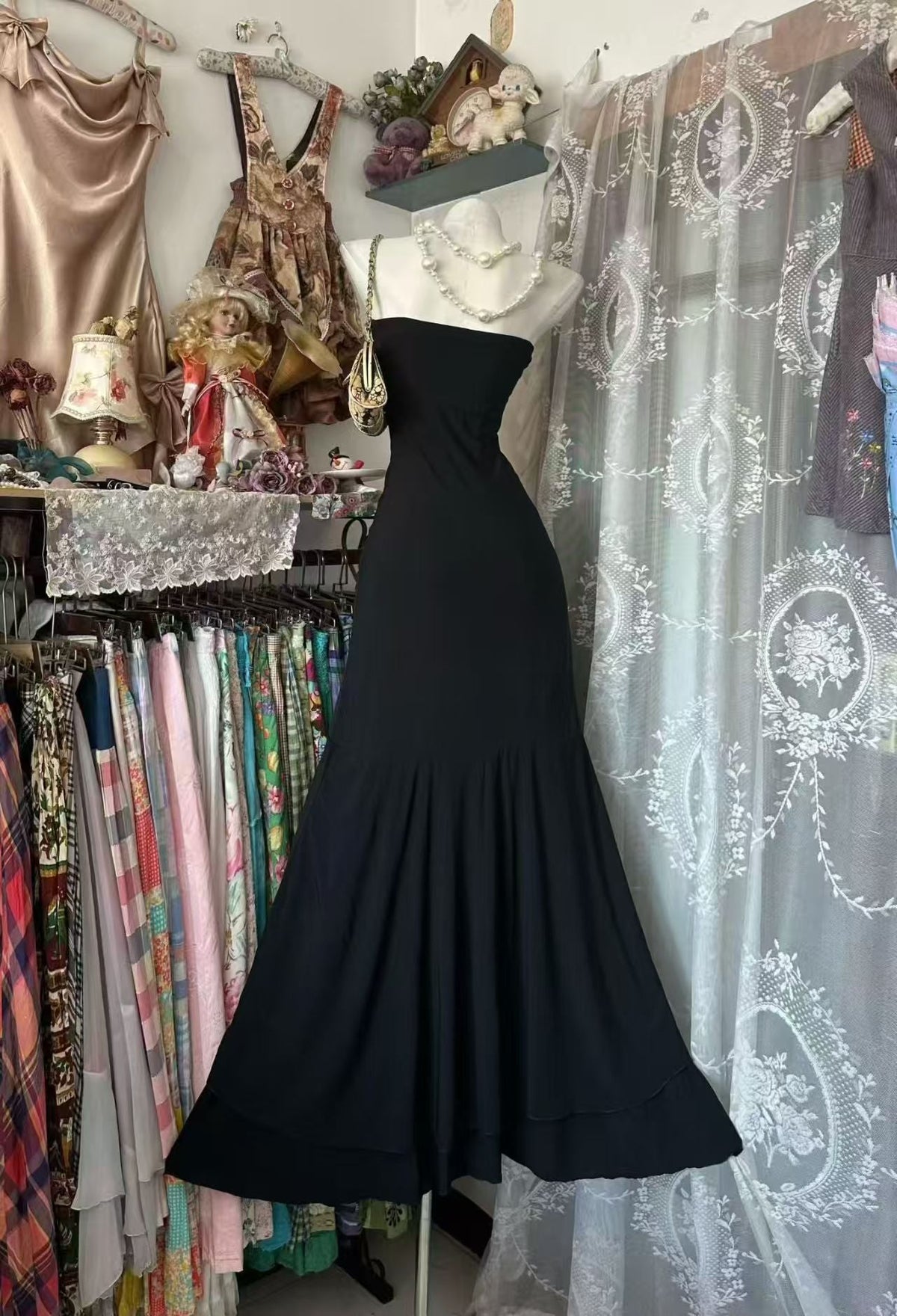 Strapless Black Mermaid Formal Prom Dress Ruffled Evening Dress J10081