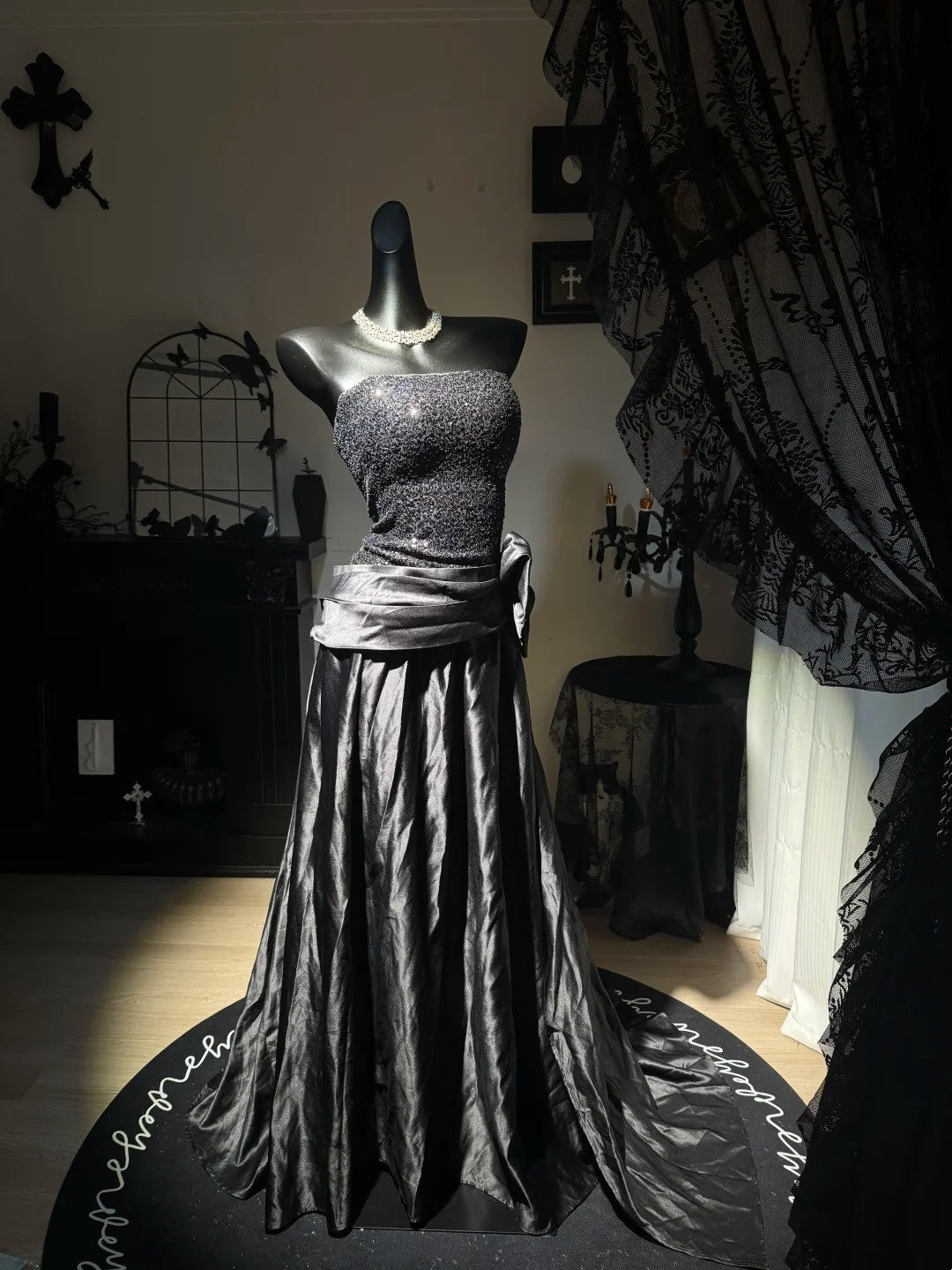 Strapless Black Satin Prom Dress Birthday Dress With Bow J10836
