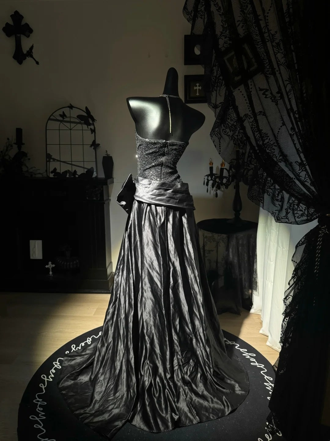Strapless Black Satin Prom Dress Birthday Dress With Bow J10836