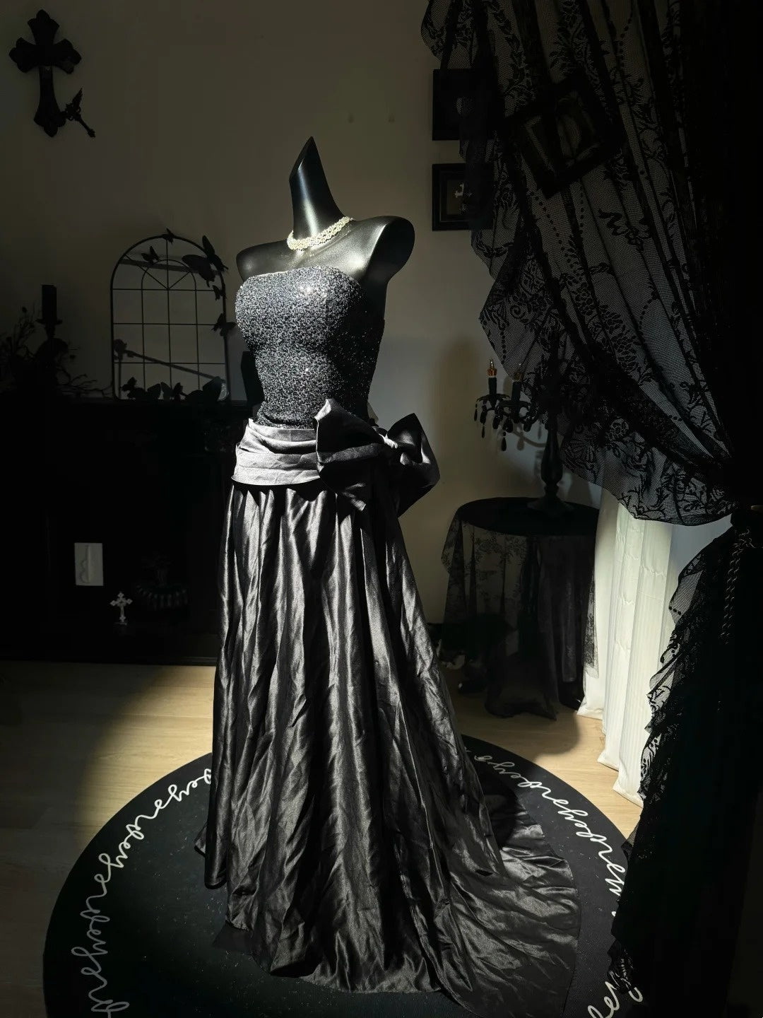 Strapless Black Satin Prom Dress Birthday Dress With Bow J10836