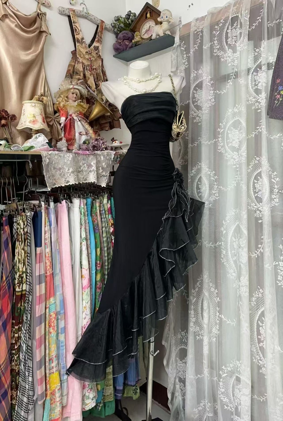 Strapless Black Sheath Prom Dress Ruffled Birthday Dress J10531