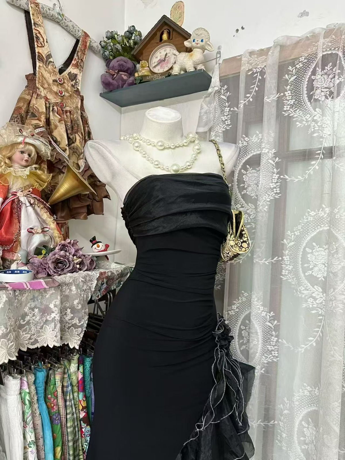 Strapless Black Sheath Prom Dress Ruffled Birthday Dress J10531