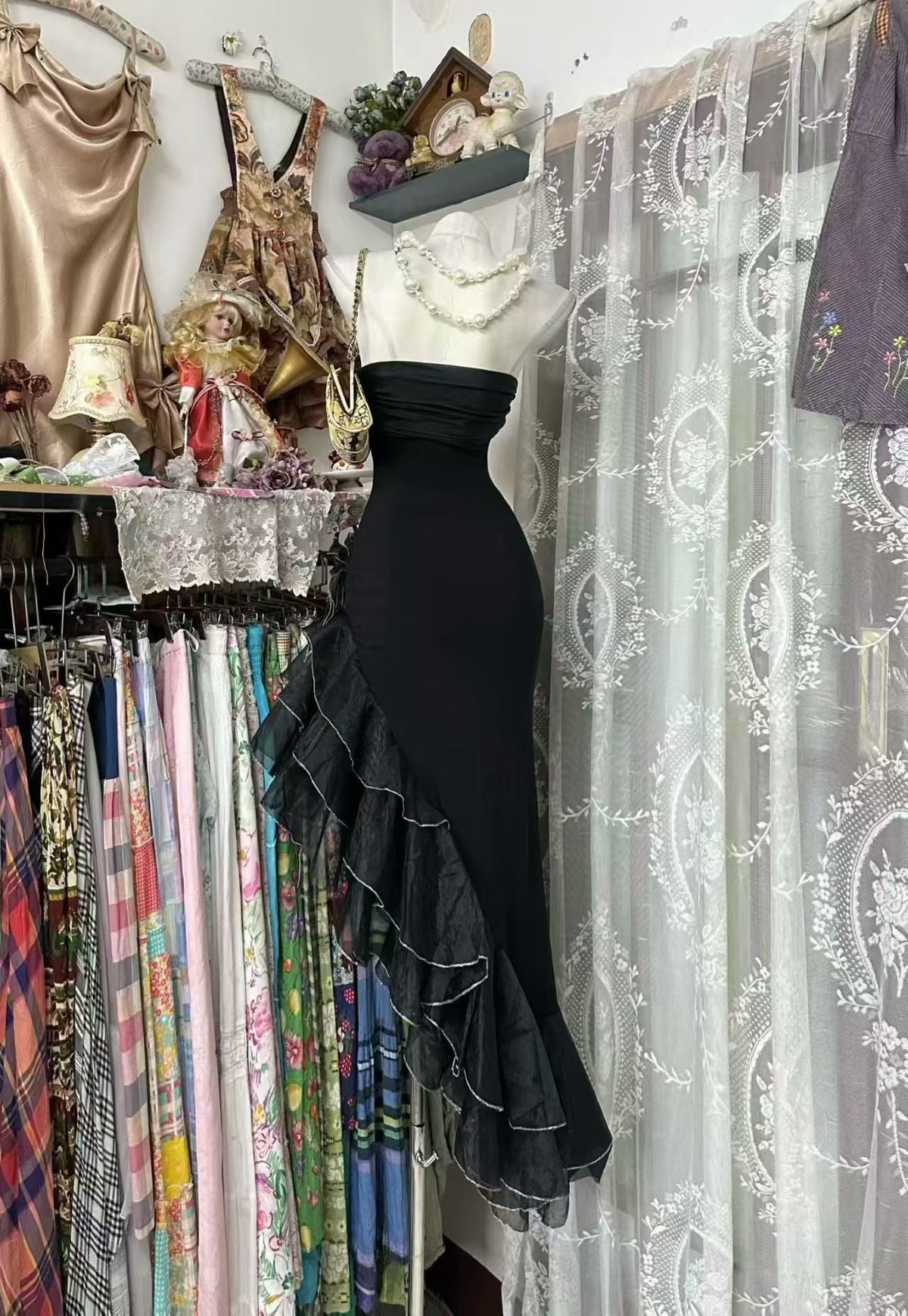 Strapless Black Sheath Prom Dress Ruffled Birthday Dress J10531