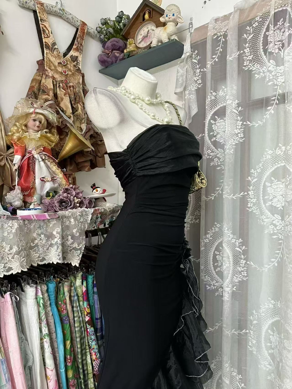 Strapless Black Sheath Prom Dress Ruffled Birthday Dress J10531