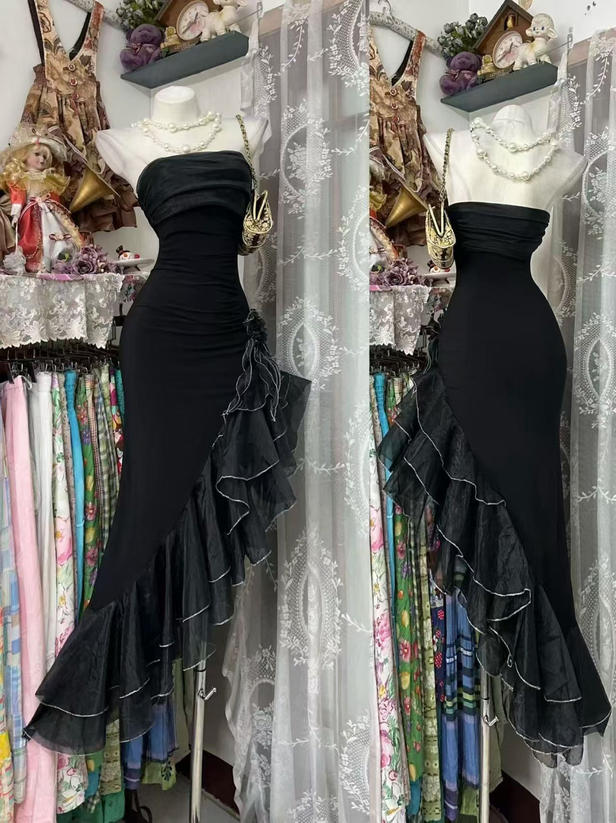 Strapless Black Sheath Prom Dress Ruffled Birthday Dress J10531