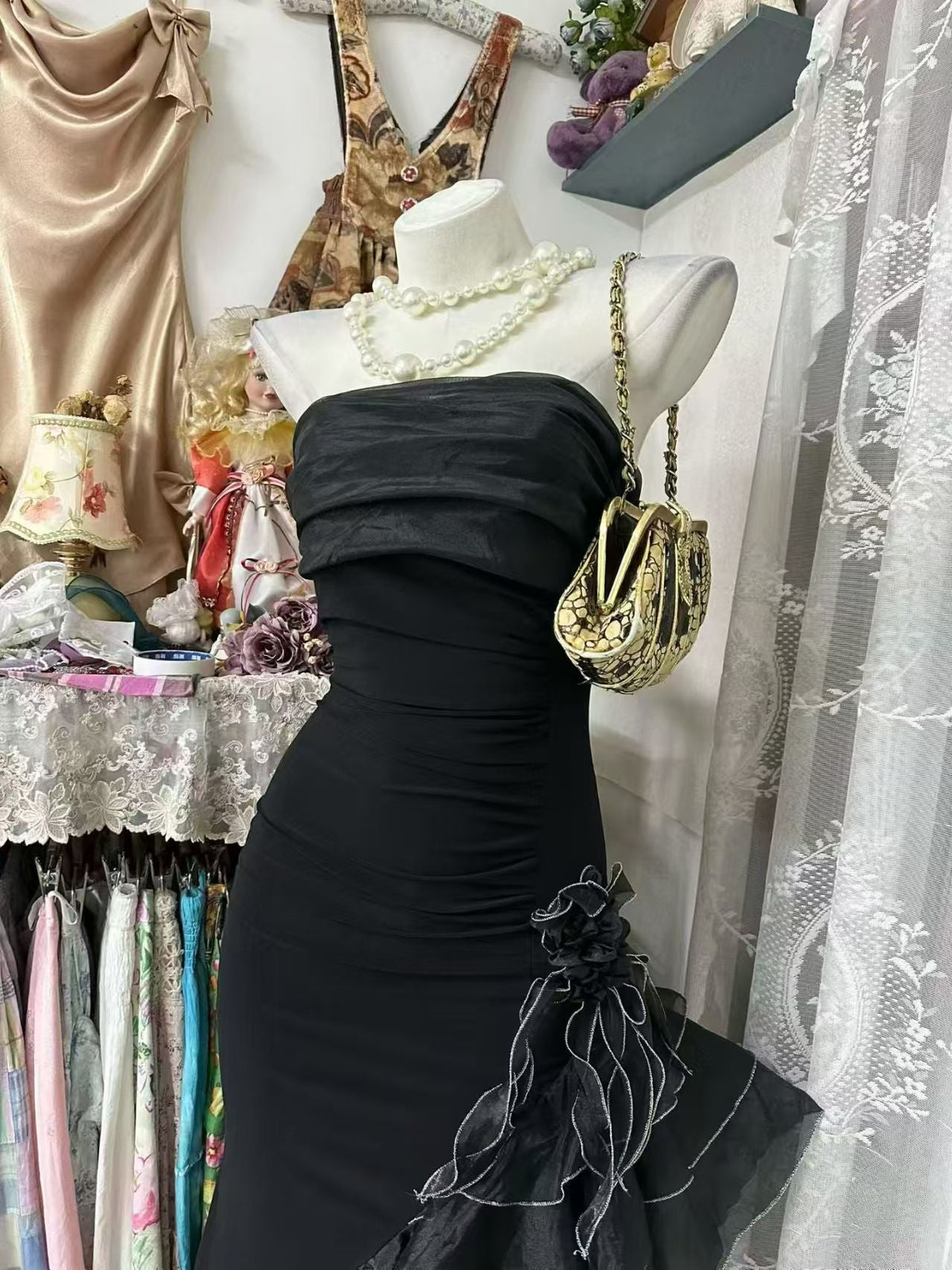 Strapless Black Sheath Prom Dress Ruffled Birthday Dress J10531