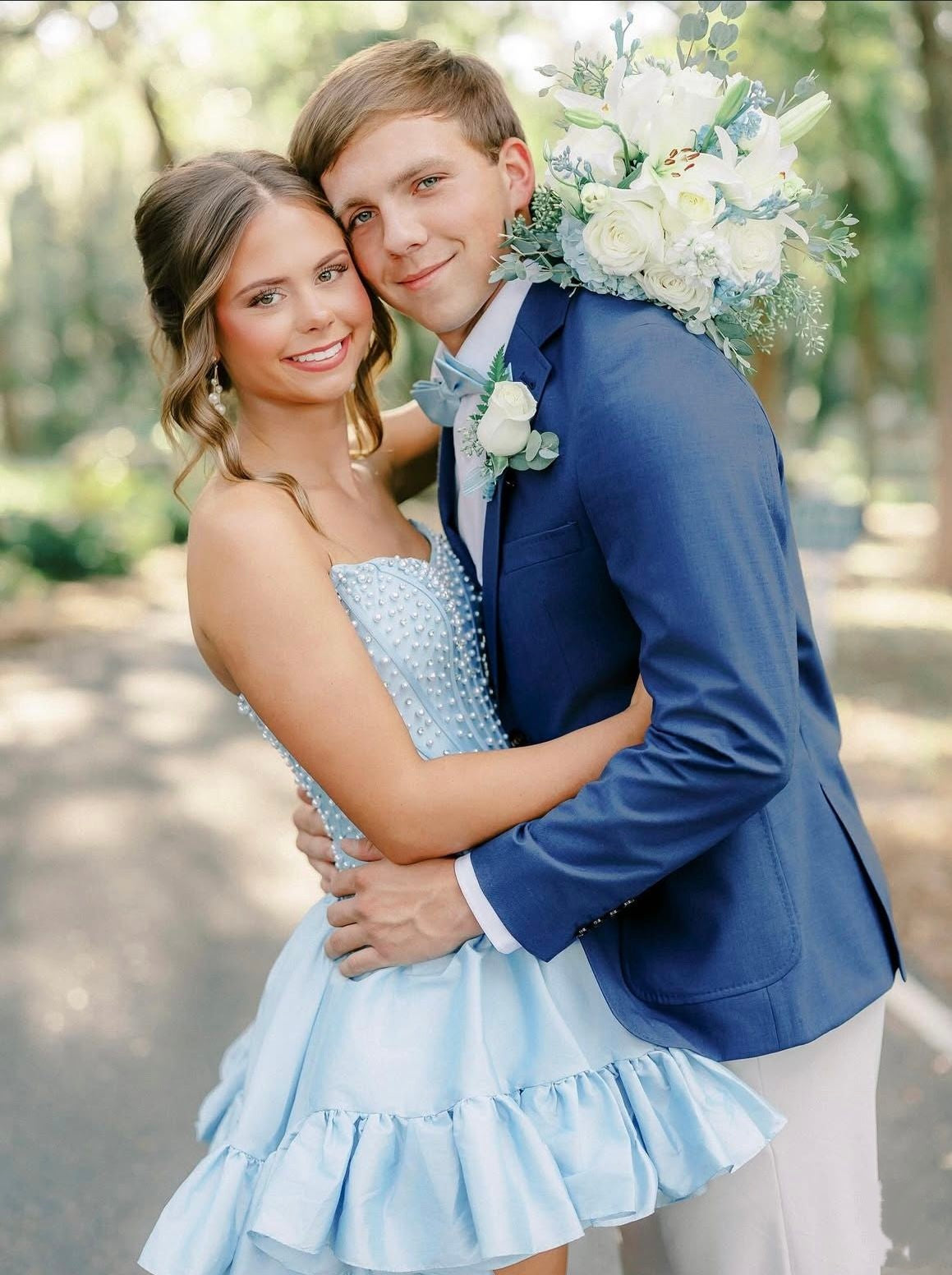 Strapless Blue Satin Homecoming Dress Pearl Beaded Short Dress J10638
