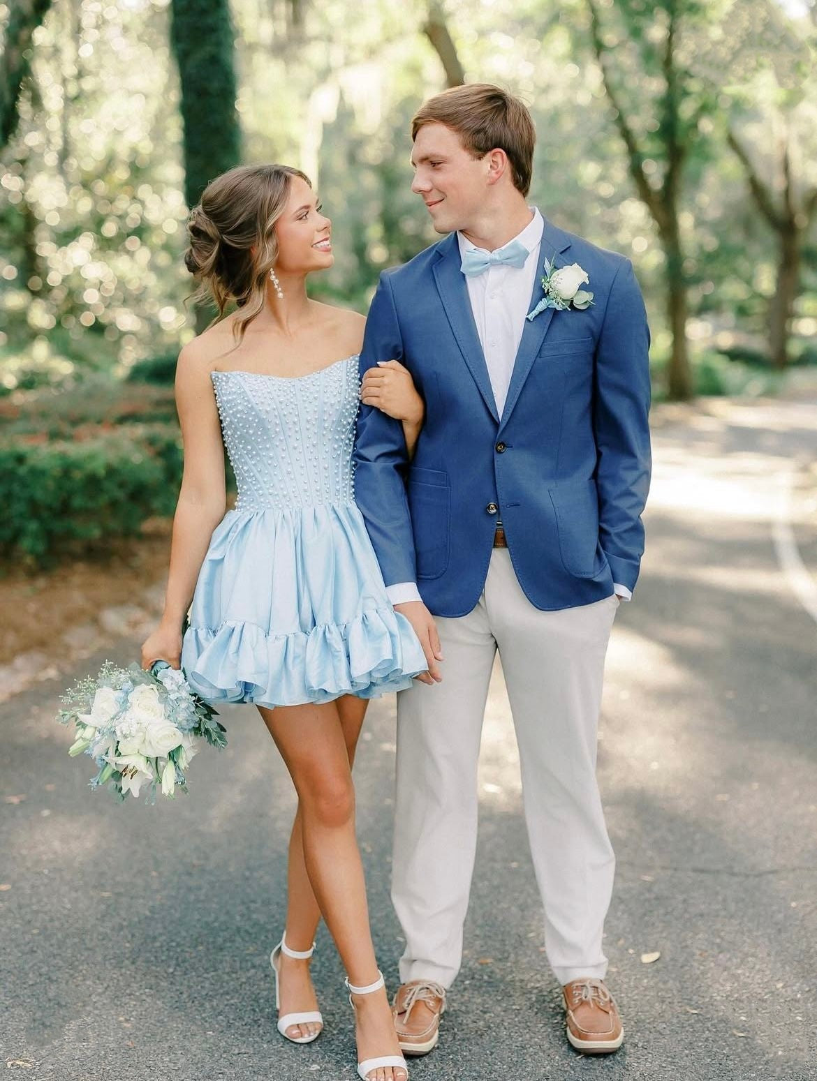 Strapless Blue Satin Homecoming Dress Pearl Beaded Short Dress J10638