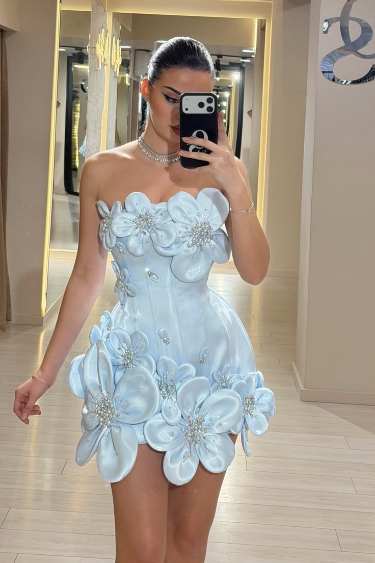 Strapless Blue Sheath Birthday Dress Homecoming Dress With Flora