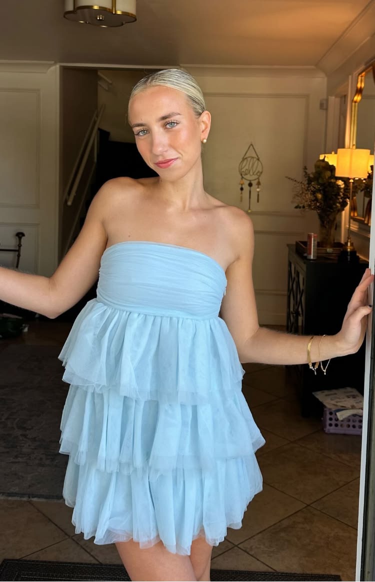 Strapless Blue Tulle Homecoming Dress Layered Cocktail Dress