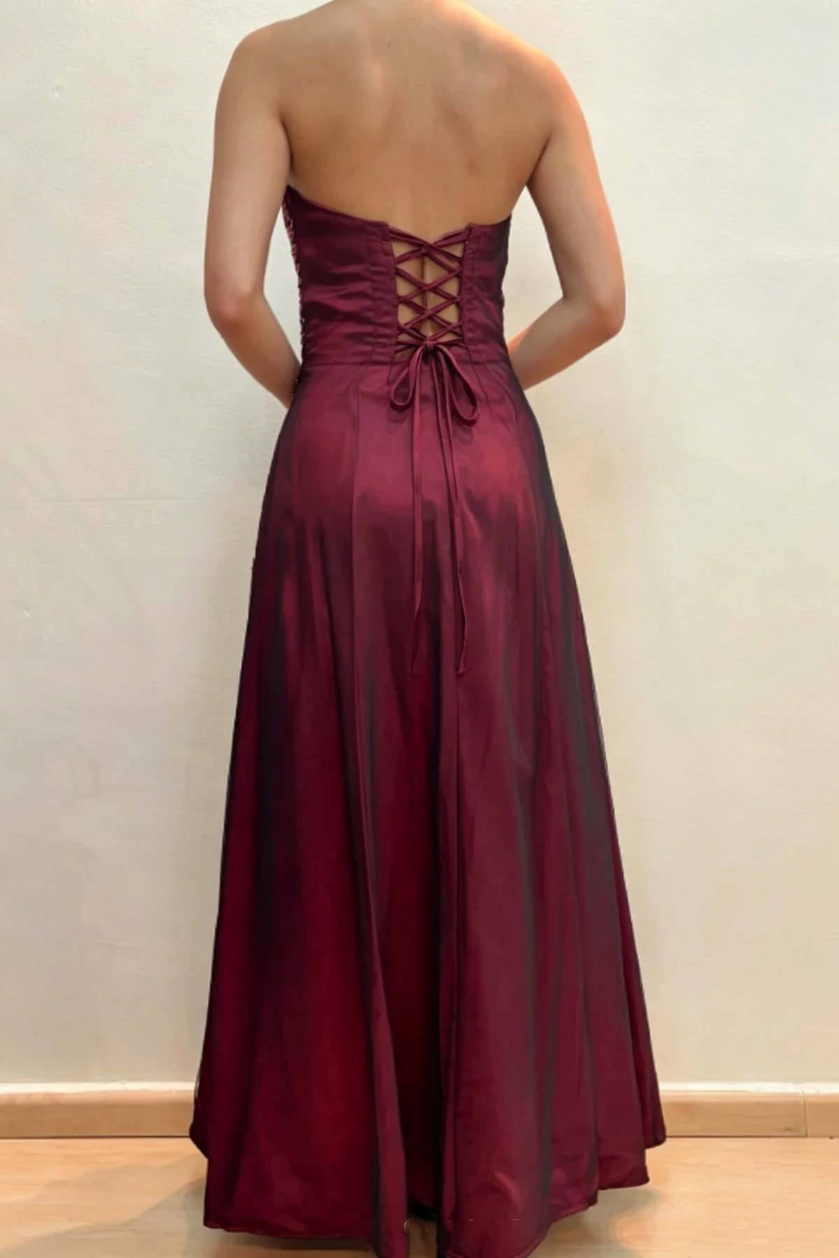 Strapless Burgundy A-Line Beaded Retro Prom Dress