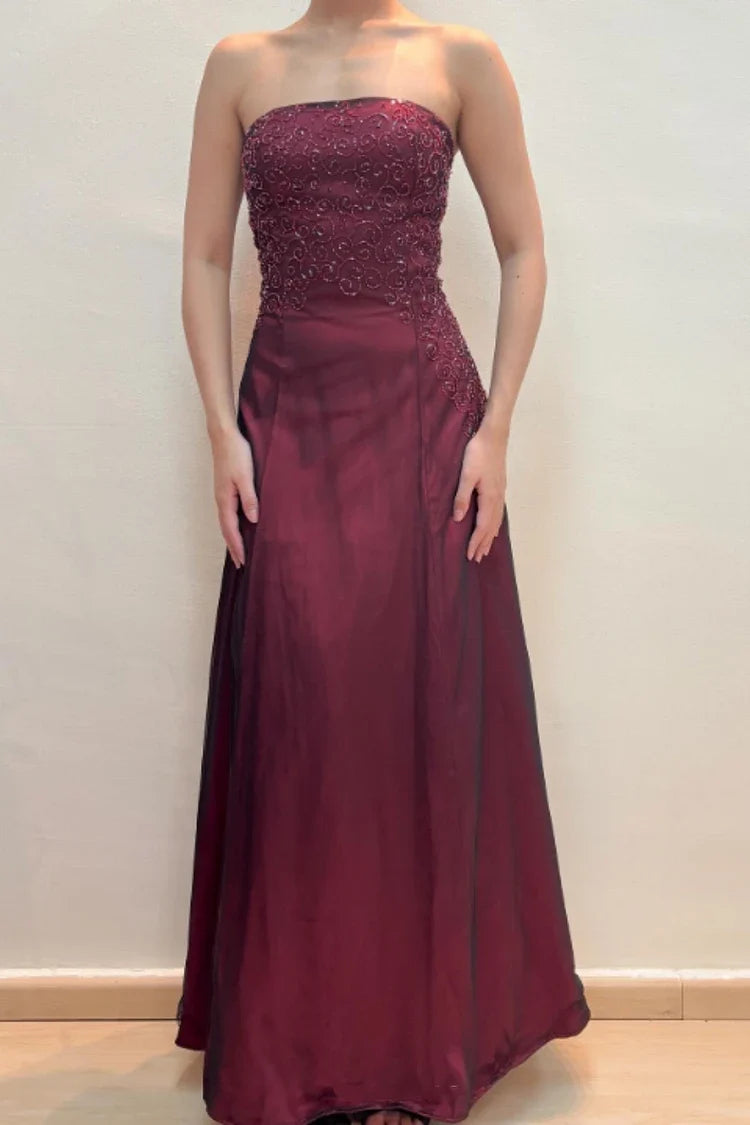 Strapless Burgundy A-Line Beaded Retro Prom Dress
