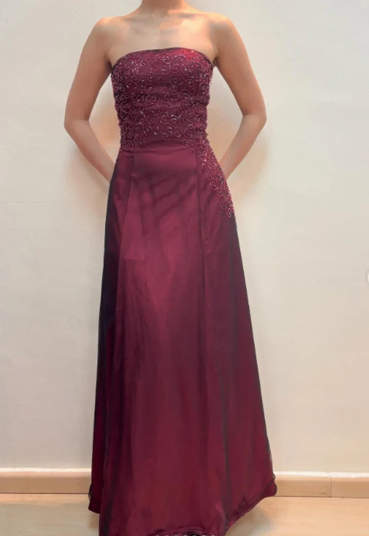 Strapless Burgundy A-Line Beaded Retro Prom Dress