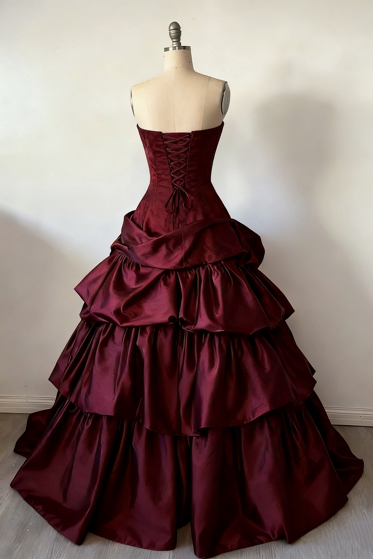 Strapless Burgundy Birthday Ball Gown Vintage Satin Formal Prom Dress