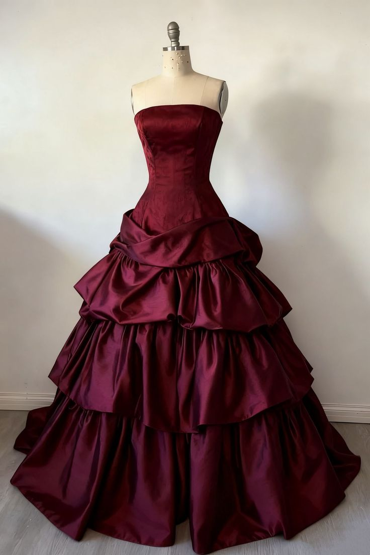 Strapless Burgundy Birthday Ball Gown Vintage Satin Formal Prom Dress