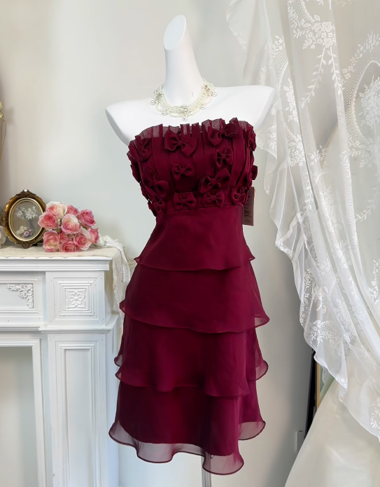 Strapless Burgundy Chiffon Homecoming Dress Short Birthday Dress