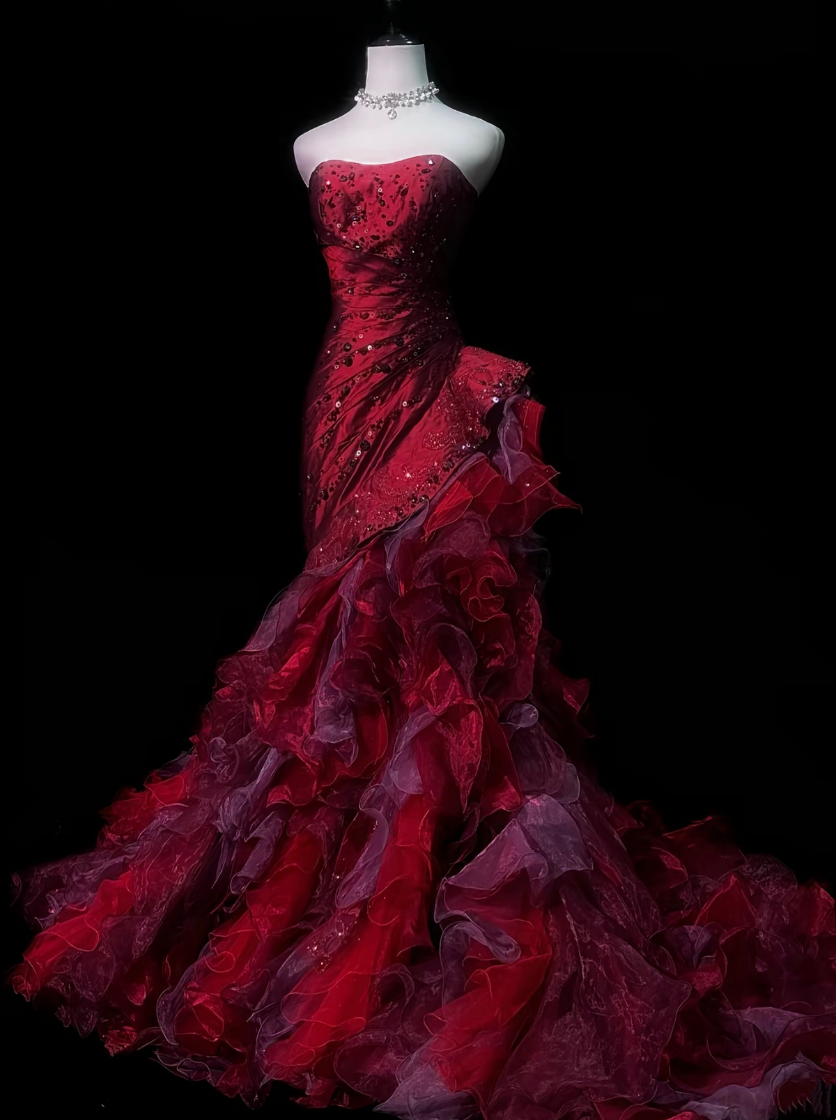 Strapless Burgundy Ruffled Prom Dress Beaded Sweet 16 Birthday Dress