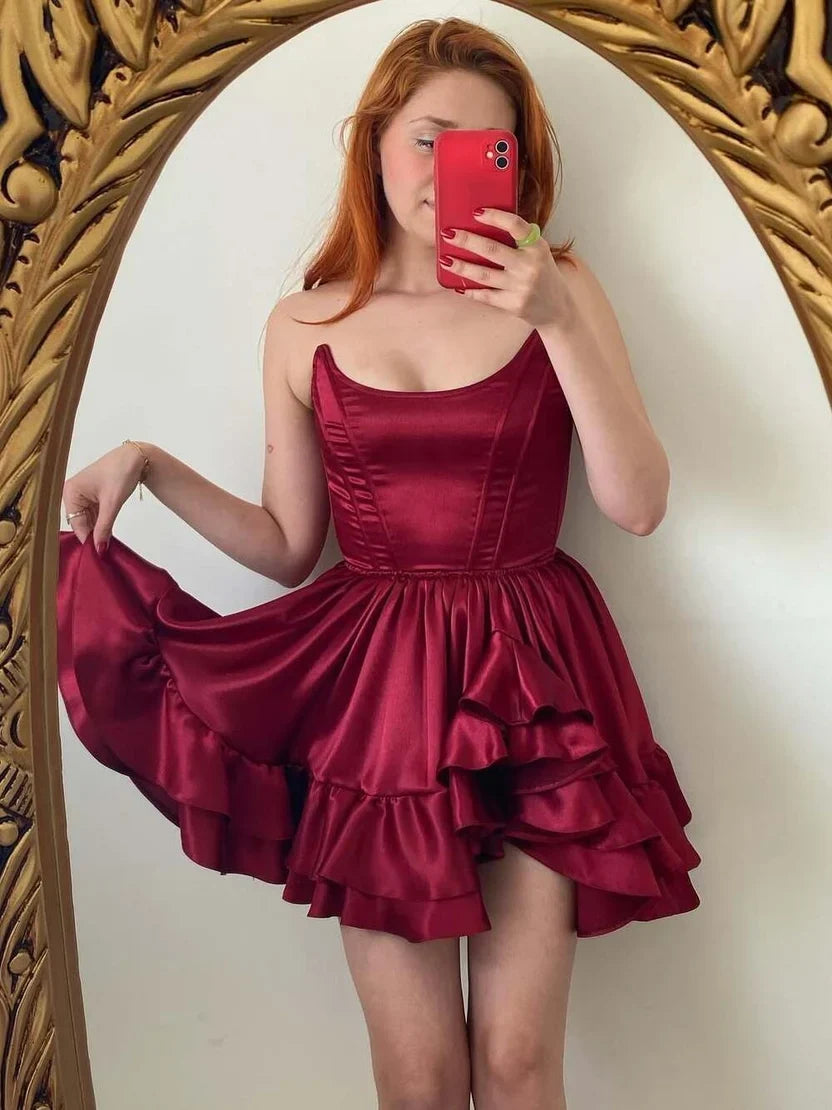 Strapless Burgundy Satin Homecoming Dress Ruffled Party Dress