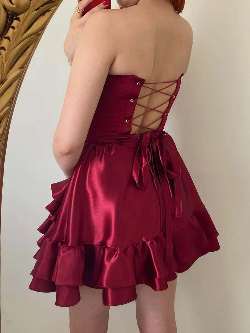Strapless Burgundy Satin Homecoming Dress Ruffled Party Dress