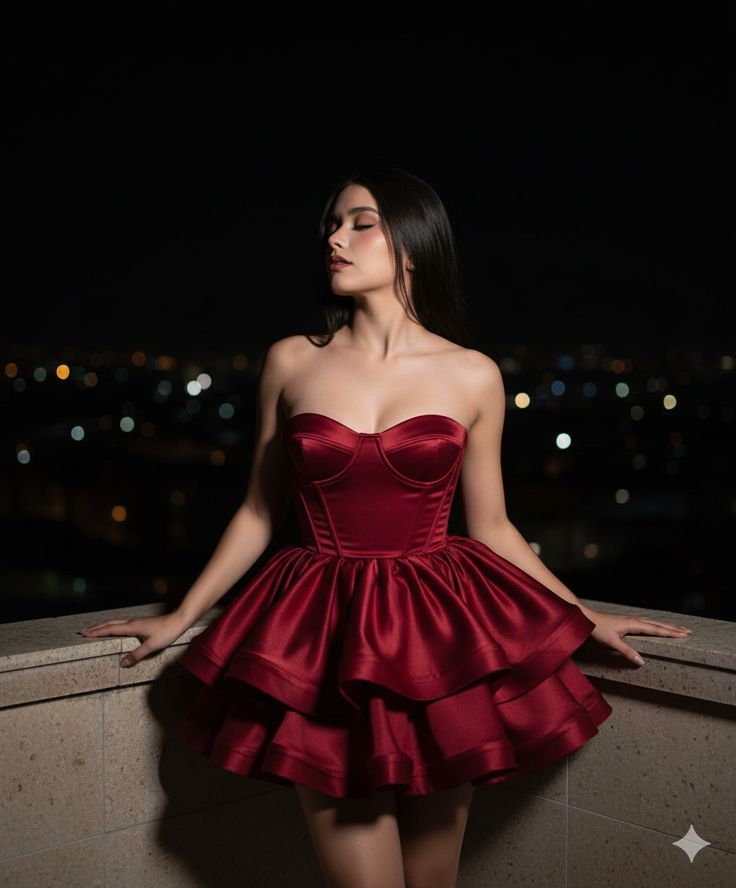 Strapless Burgundy Satin Layered Homecoming Dress Short Birthday Dress