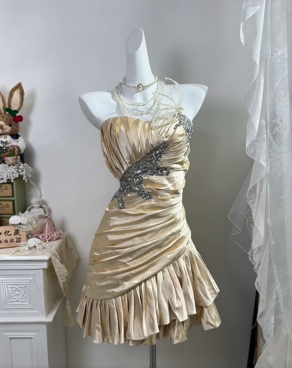Strapless Champagne Satin Homecoming Dress Ruffled Short Birthday Dress