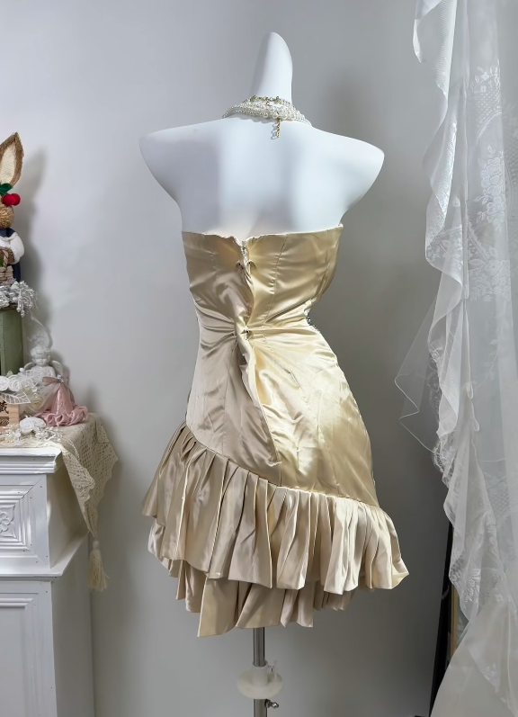 Strapless Champagne Satin Homecoming Dress Ruffled Short Birthday Dress