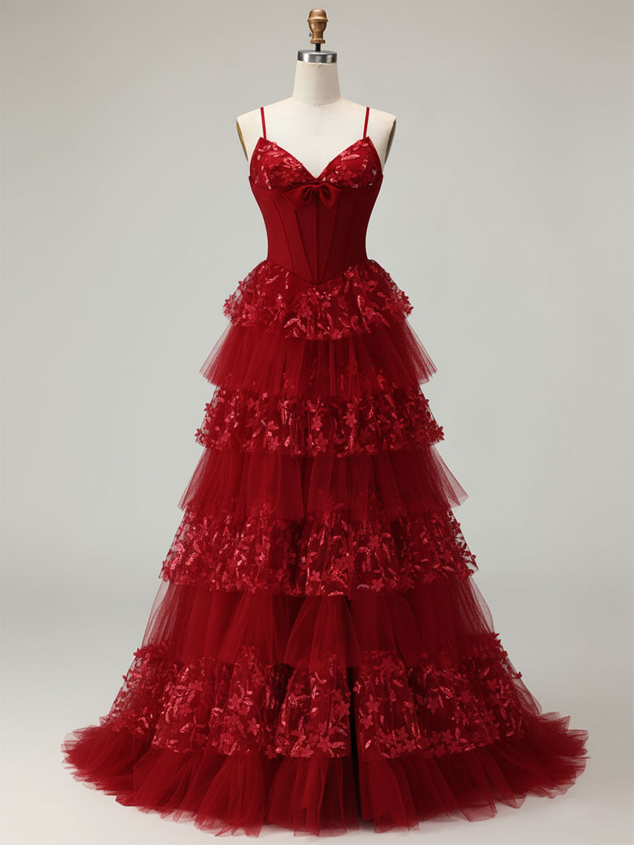 Corset Bodice Tiered Long Prom Dress with 3D Floral Appliqués