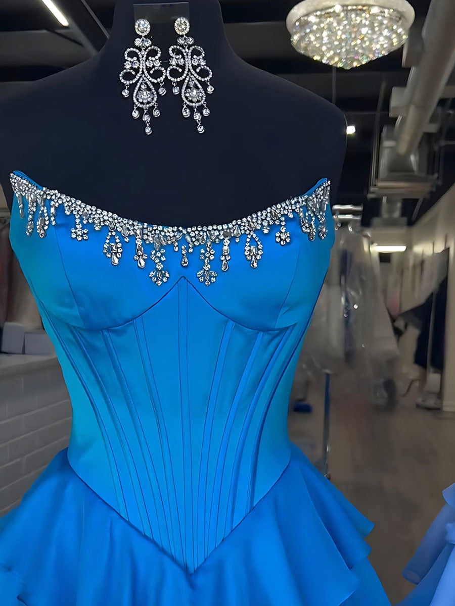 Strapless Crystal NecklineTiered Ruffle Satin Corset Prom Dress
