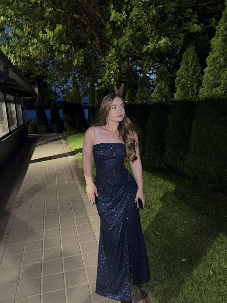 Strapless Dark Blue Sparkle Prom & Evening Dress With Slit