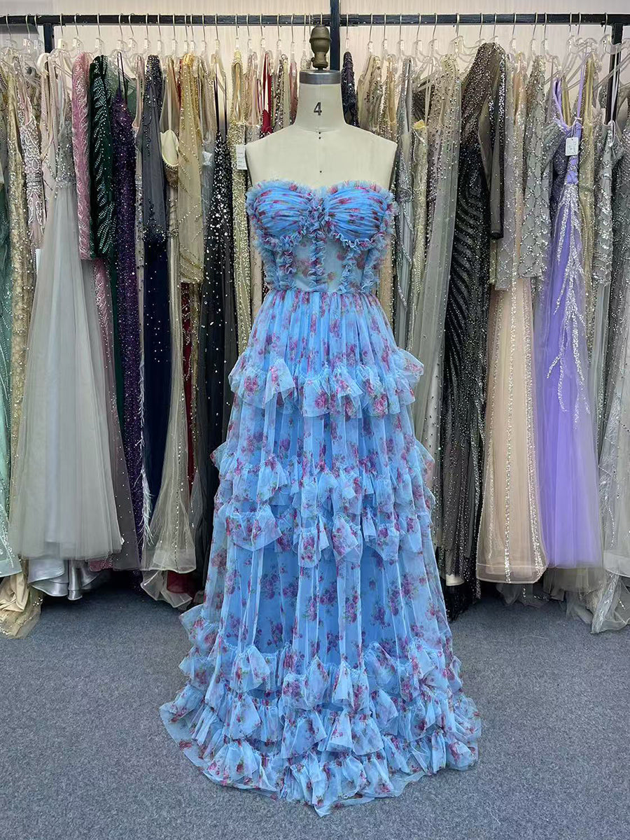 Strapless Floral Tulle Prom Dress with Tiered Ruffles