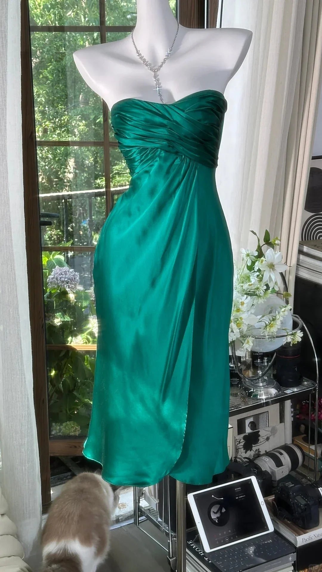 Strapless Green Satin Homecoming Dress Elegant Evening Dress J10942