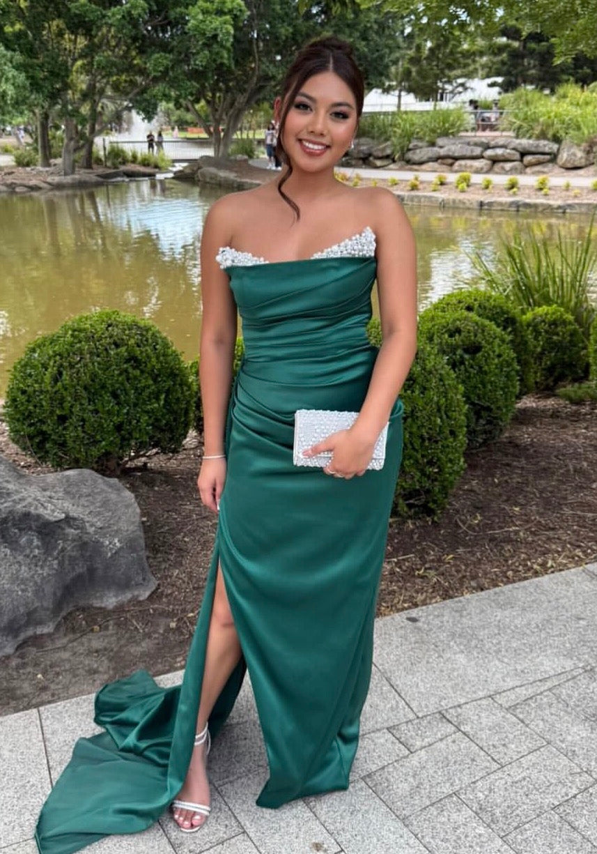 Strapless Green Satin Prom Dress Pearl Beaded Evening Dress