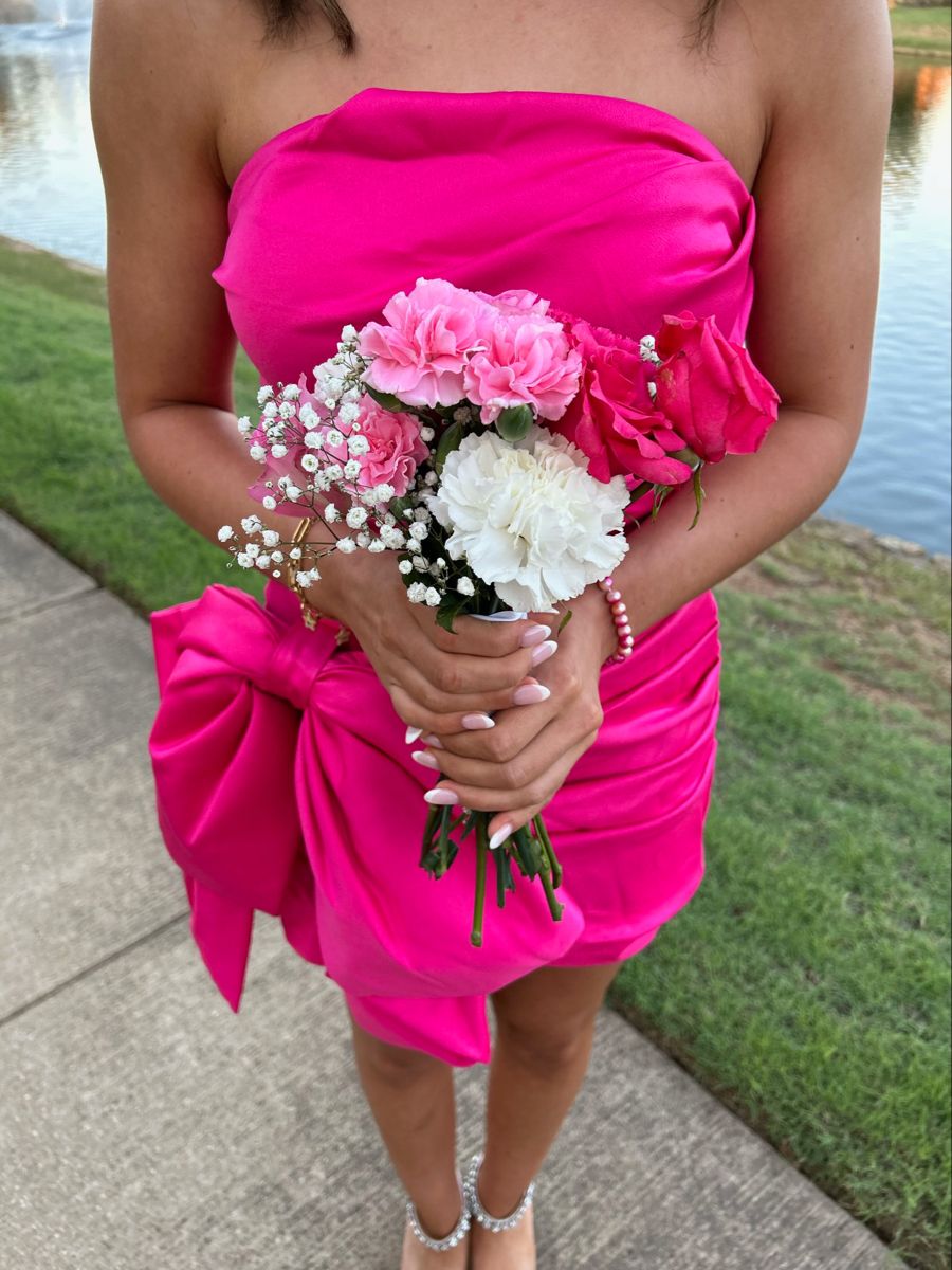 Strapless Hot Pink Satin Homecoming Dress With Bow Knot