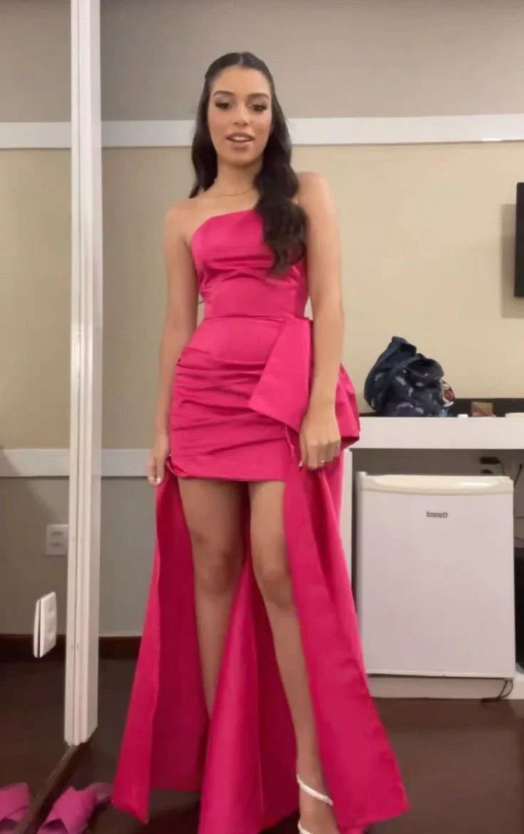 Strapless Hot Pink Satin Sheath Homecoming Dress J11577