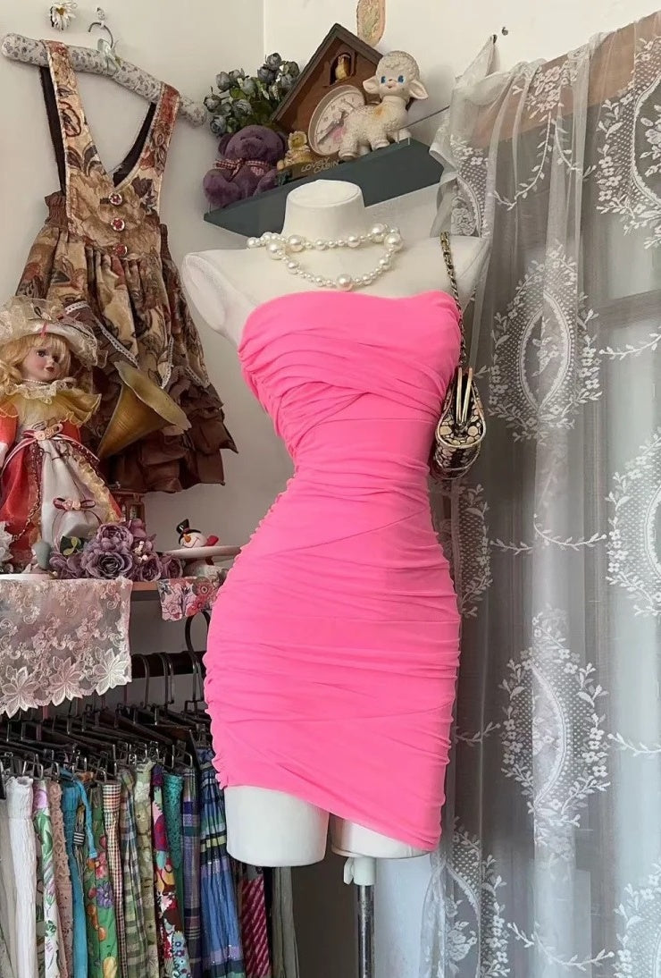 Strapless Hot Pink Sheath Homecoming Dress Mini Party Dress