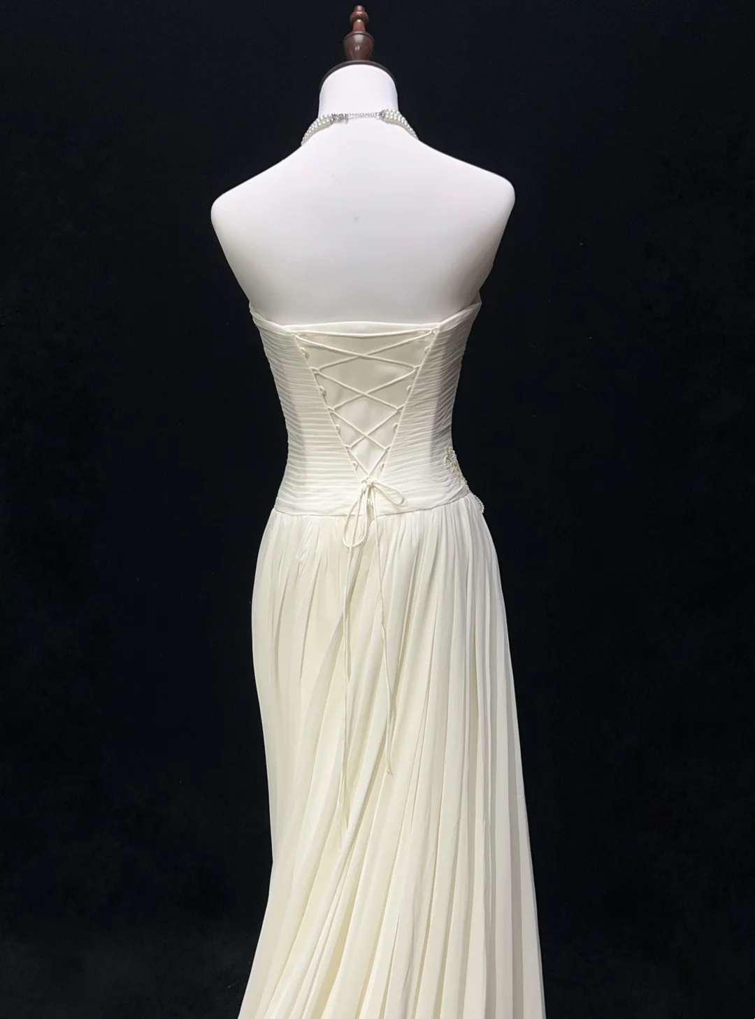 Strapless Ivory Chiffon Wedding Dress Peal Appliques Prom Dress