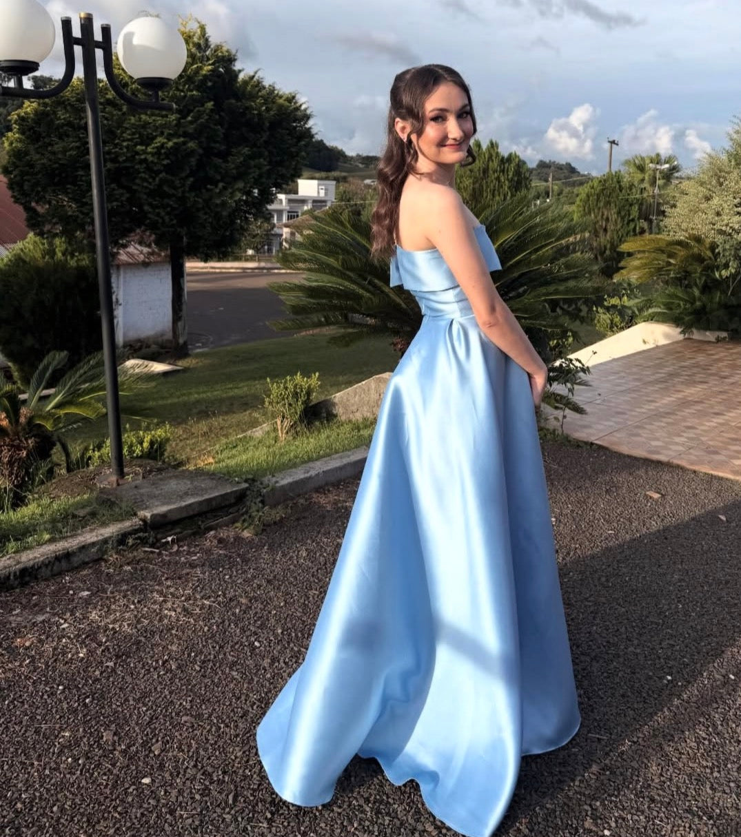 Strapless Light Blue Satin Prom Dress A Line Formal Evening Dress J10444