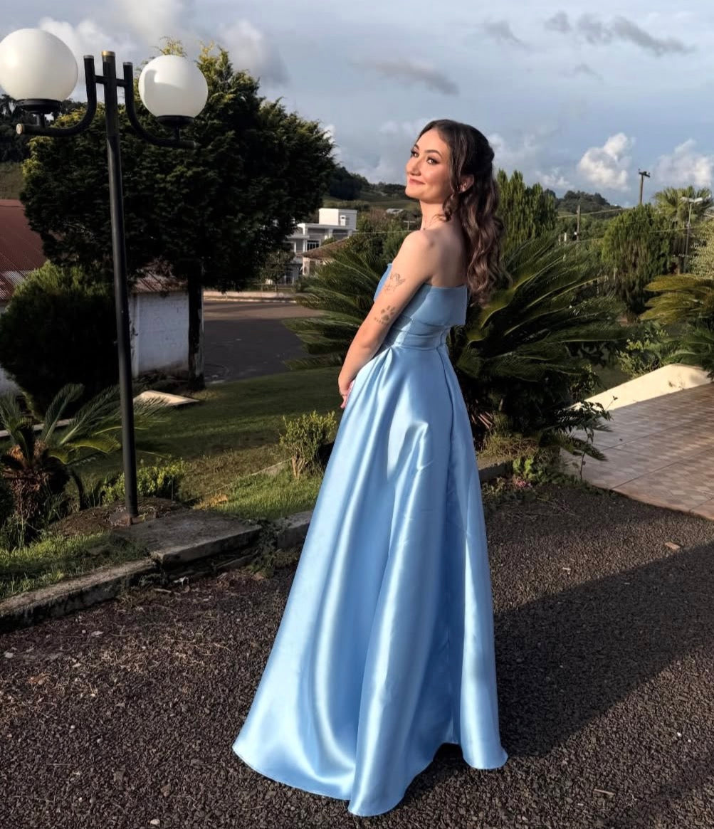 Strapless Light Blue Satin Prom Dress A Line Formal Evening Dress J10444