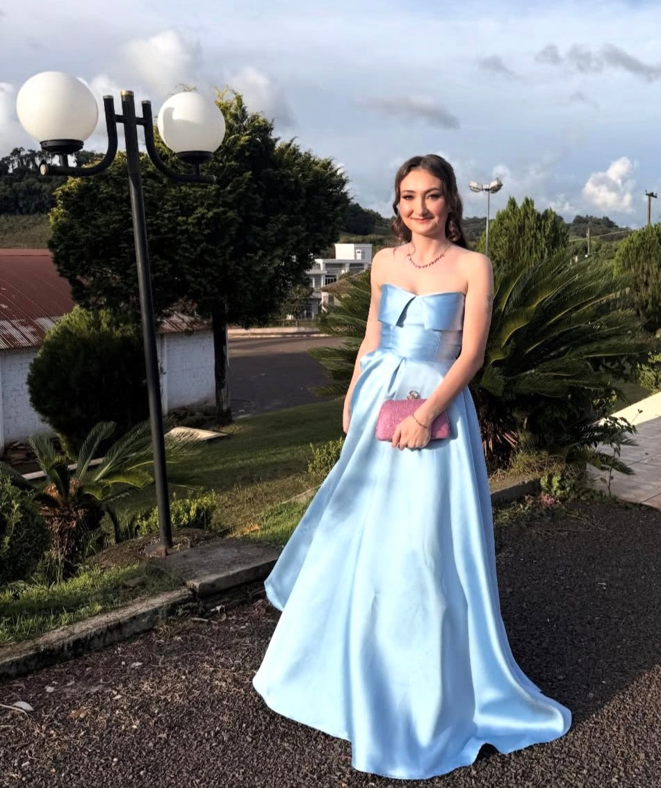 Strapless Light Blue Satin Prom Dress A Line Formal Evening Dress J10444