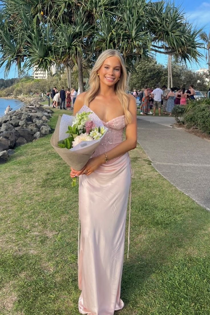 Strapless Light Pink Beaded Sheath Long Prom Dress J9771