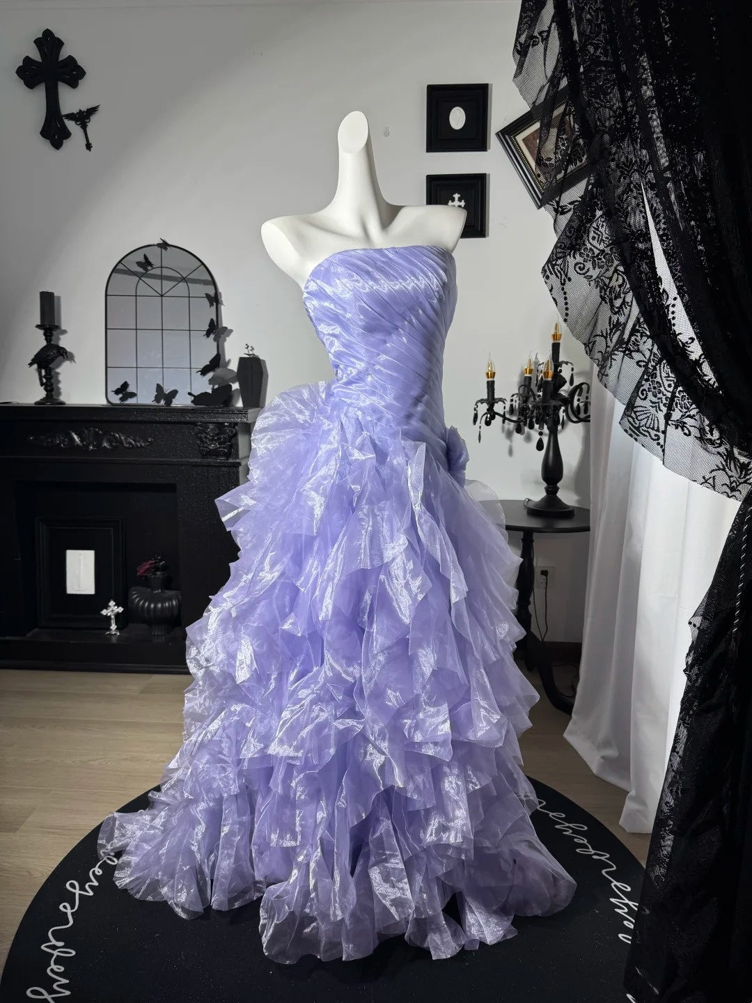 Strapless Lilac Organza Prom Dress Ruffled Birthday Dress