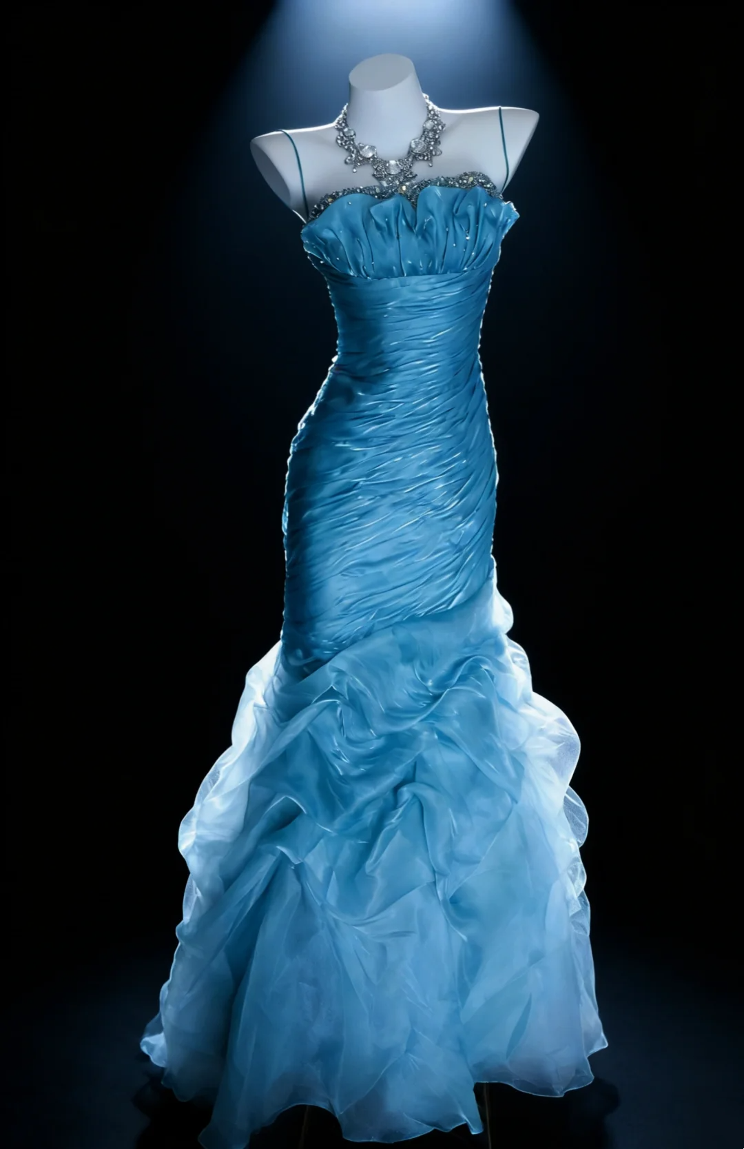 Strapless Mermaid Organza Prom Dress Blue Beaded Evening Dress