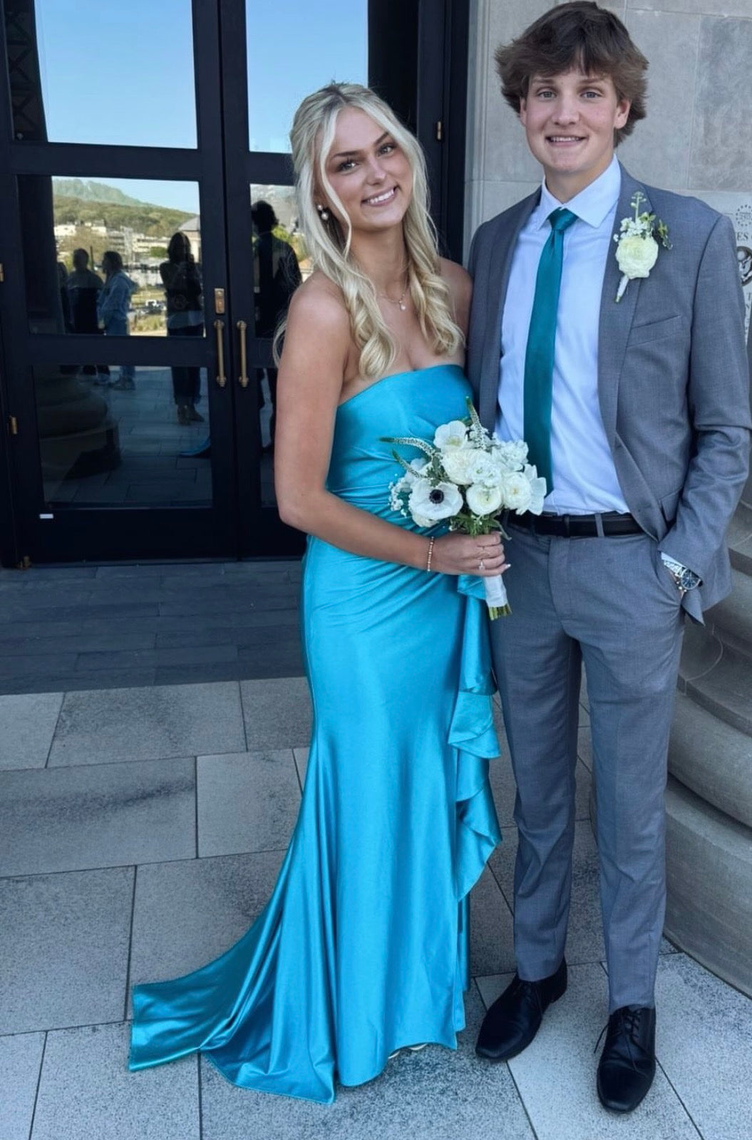 Strapless Mermaid Ruffled Blue Satin Prom Dress