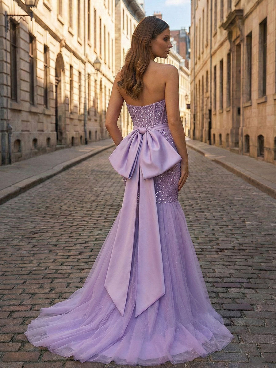 Strapless Mermaid Sequin Corset Ruched Long Prom Dress