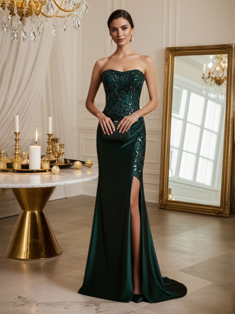 Strapless Mermaid Sequin Long Prom Dress with Slit - VelvetHem